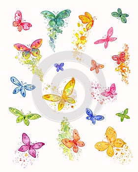 Set of watercolor abstract butterflies. Vector sketches of moths