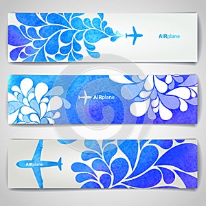 Set of watercolor Airplane artistic banners