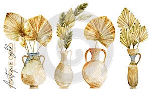 Set of watercolor antique vases and pottery with dried fan palm leaves