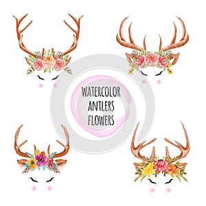 Set of Watercolor antlers flowers