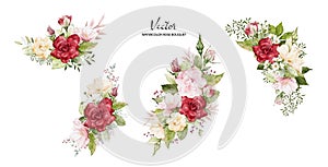 Set of Watercolor arrangements with rose flowers