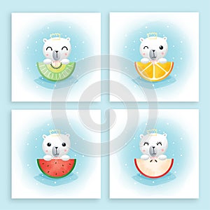 Set of watercolor art of cartoon cute bear and  fruits kiwi, orange, apple, watermelon.EPS 10