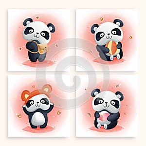 Set of watercolor art of cartoon cute panda and hobbies. EPS 10