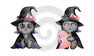 Set of watercolor baby black cat illustration. Halloween black cat with pink ghost isolated on white background