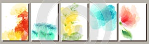 Set of watercolor backgrounds, flowers, design of postcards, invitations, advertisements