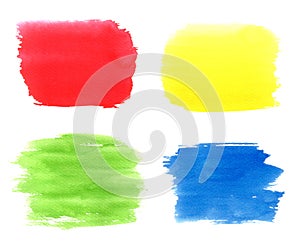Set of watercolor backgrounds, stains. Red, green, yellow, blue water color spots with splash, paint blotch, brush