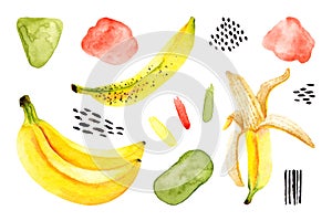 Set of watercolor bananas, abstract spots, brush strokes. Isolated bright illustration on white. Hand painted fruits