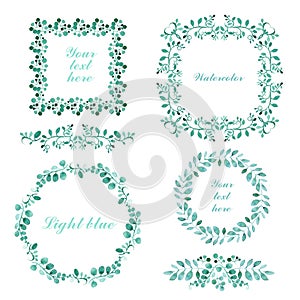 Set of watercolor blue floral frame and wreath