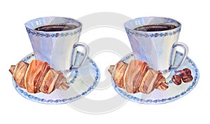 Set watercolor blue porcelain cup with saucer of hot aromatic coffee for breakfast, croissant cake, coffee bean isolated