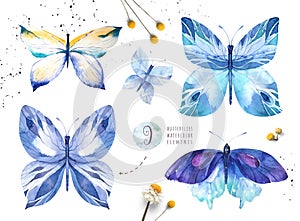 Set of watercolor boho butterfly. Vintage summer isolated spring art. Watercolour illustration. design wedding card