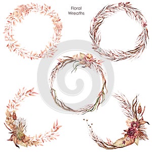 Set of watercolor Boho floral arrangements. Wedding wreath Save the date.