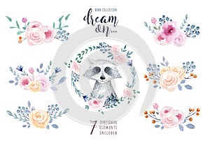Set of watercolor boho floral bouquets with raccoon. Watercolour photo