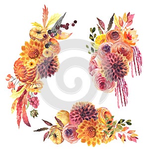 Set of watercolor bouquets of red and yellow autumn flowers roses, dahlia, asters, amaranth