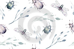 Set of watercolor bright beetles seamless pattern, bugs fly and bees. Isolated colorful cartoon buttle and bug. Insect