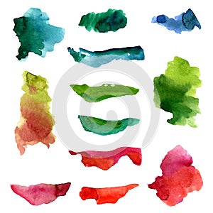 Set of watercolor brush stroke, stain, splatter. Isolated real aquarelle stains for your design. watercolor texture hand