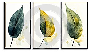 A set of watercolor canvases with an abstract leaf. Plant art design