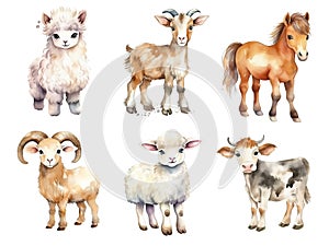 Set of watercolor cartoon farm animals - fluffy alpaca, goat, horse, ram, sheep and cow isolated on white background