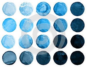 Set of watercolor cerulean, cobalt blue, ultramarine circles. Watercolour round elements for logo design, banners, posters.