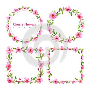 Set of watercolor cherry blossom flower square frame wreath. Sakura beautiful spring floral template collection