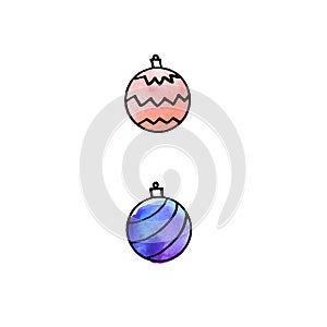 Set of watercolor Christmas balls isolated on white background. New year and Christmas line art, Doodle, sketch, hand drawn.