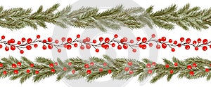 Set of watercolor Christmas borders garlands, decorated red holly berry, fir tree branch