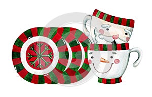 Set of watercolor christmas ceramic kitchenware in cartoon style. Snowman, Santa Claus, plates and cups
