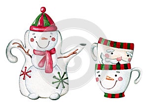 Set of watercolor christmas ceramic kitchenware in cartoon style. Snowman and Santa Claus, teapot and cups