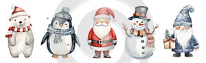 Set of watercolor Christmas characters: polar bear, penguin, Santa Claus, snowman and scandinavian gnome isolated on white