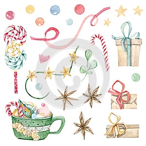 Set of watercolor christmas decorations with  branches, balls, gifts, garlands and bow. Illustration for your holiday design isola