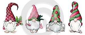 Set of watercolor Christmas gnomes in cartoon style. Illustration for a New Year's card or print