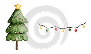 Set of watercolor christmas tree illustration with festive lights and star.Watercolor christmas ornament clipart