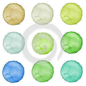 Set of watercolor circles pastel colors. Illustration for artistic design. Round stains, spots isolated on white.