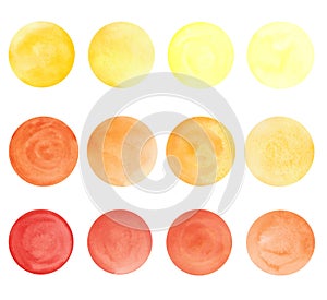 A set of watercolor circles, spots of yellow, orange and red, isolated on a white background.