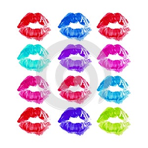 Set of watercolor colorful lipstick imprint