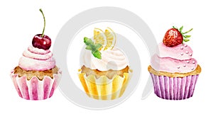 Set of watercolor cupcakes with fresh cherry, strawberry and lemon isolated on white background