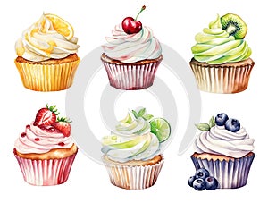 Set of watercolor cupcakes with fruits and berries isolated on white background