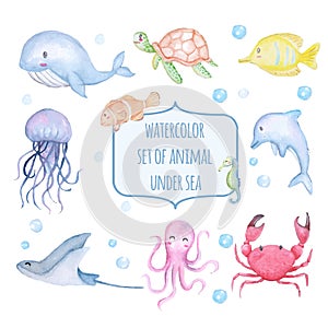 Set of watercolor cute animal under sea