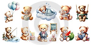 Set of Watercolor cute baby boy bear.