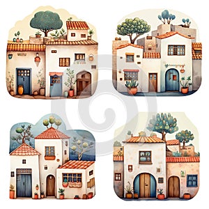 Set of watercolor cute cartoon stone houses, african homes and trees, isolated illustrations. Generative AI
