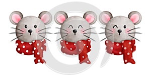 Set of watercolor cute christmas mouse illustration with red scarf.Christmas animals head clipart collection