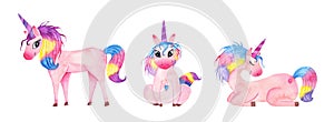 Set of watercolor cute magic pink unicorns with horn sitting lies isolated