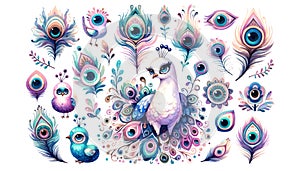 set of watercolor cute Peacock isolated on white background,generative ai