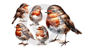 set of watercolor cute Robin isolated on white background, generative ai