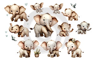 set of watercolor cute safari elephants isolated on transparent