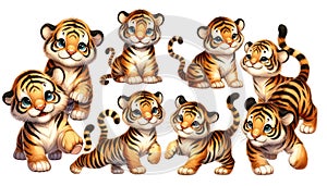 set of watercolor cute safari tiger isolated on transparent back