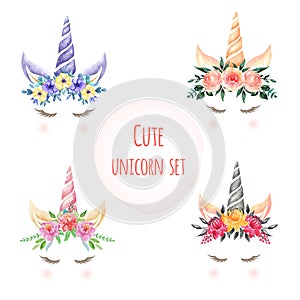 Set of Watercolor cute unicorn flowers