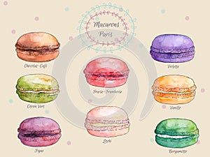 Set of watercolor different taste french macaroons,collection of variation colorful french macarons