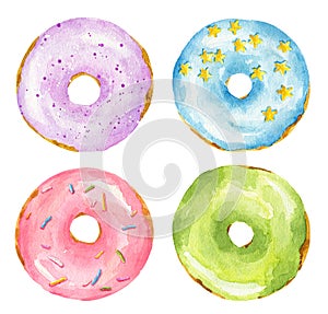 Set of watercolor donuts isolated on white background