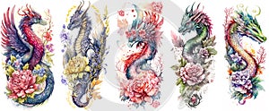 Set of watercolor dragons and flowers