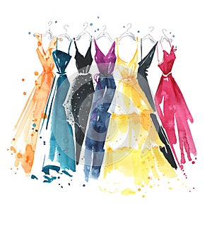 Set of watercolor dresses on hangers, fashion illustration